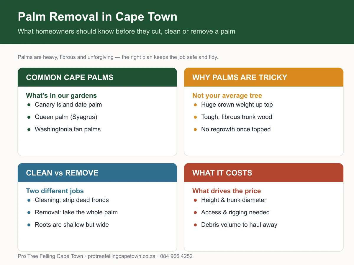 Infographic: palm removal in Cape Town — common palm species, why palms are tricky to fell, cleaning versus removal, and what drives the price