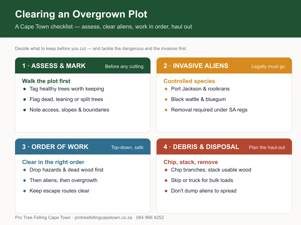 Checklist for clearing an overgrown Cape Town plot — assess and mark, remove invasive aliens, order of work, debris disposal