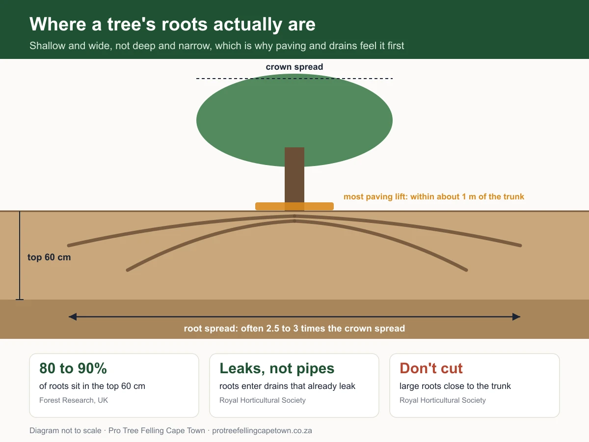 Diagram of a tree's root zone: most roots in the top 60 cm of soil, spreading 2.5 to 3 times the crown width, with most paving lift within about 1 m of the trunk